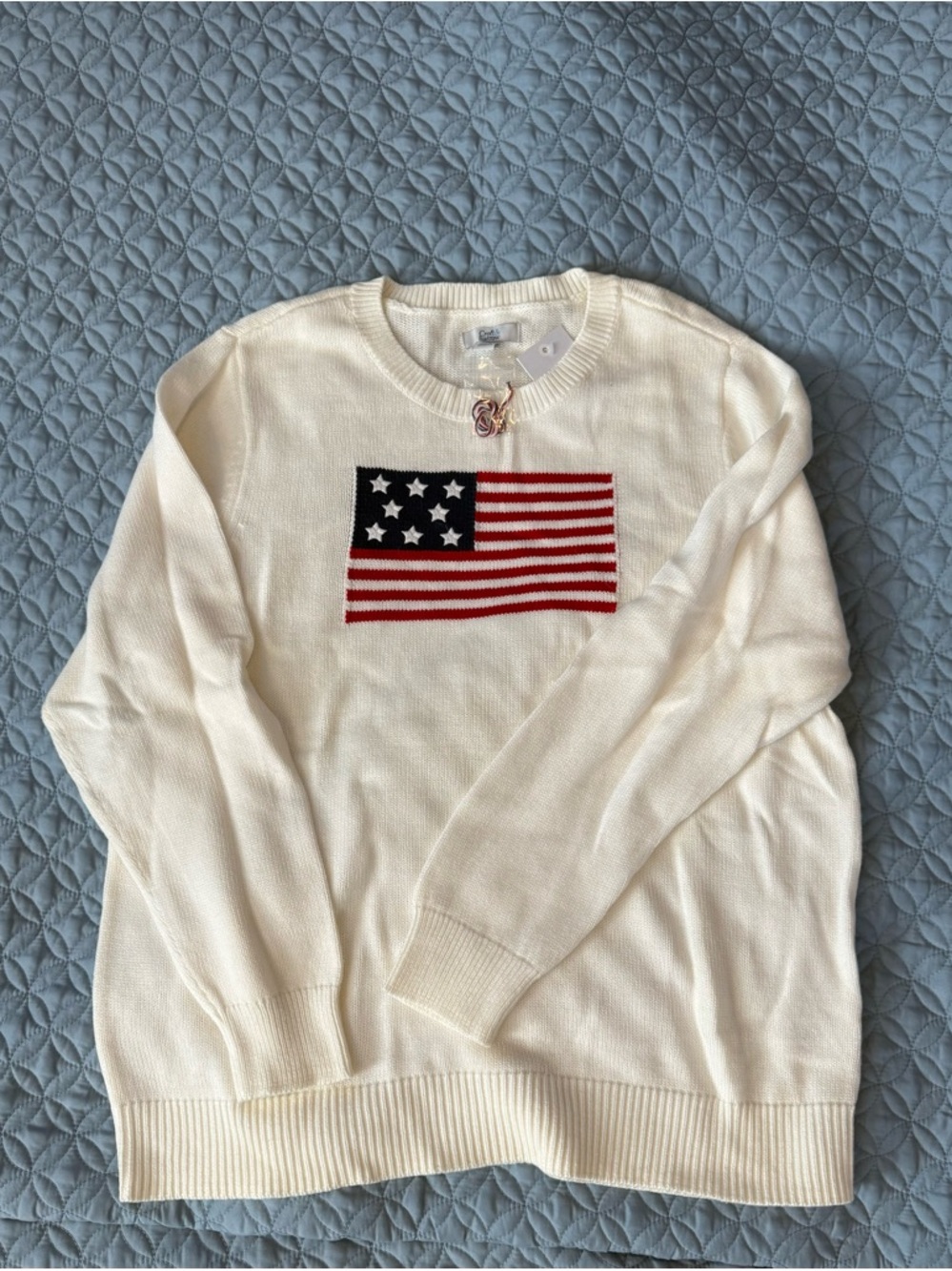 croft & barrow Light Weight Cream Crewneck Sweater with American Flag